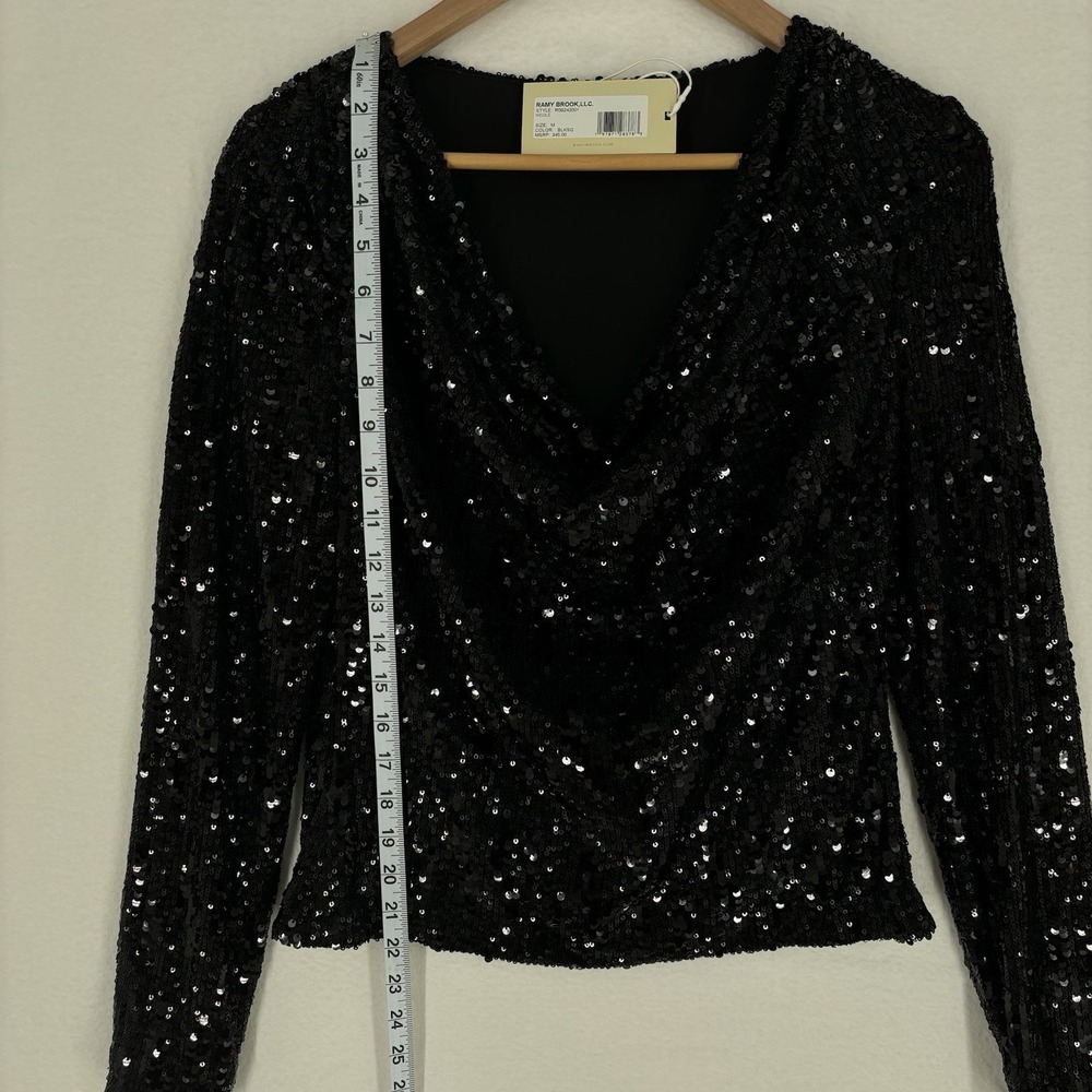 Ramy Brook Nicole Black Sequin Long Sleeve Cowl Neck Top Size Medium NWT - Picture 5 of 10